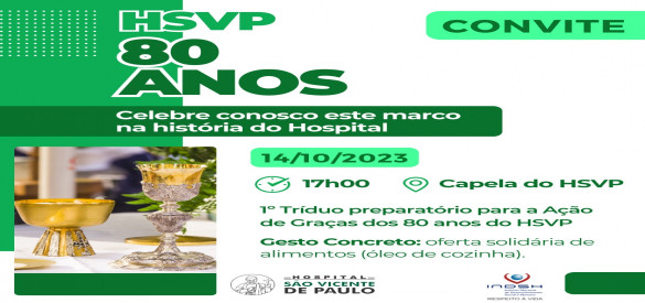 Tríduo pascal em comemoração aos 80 anos do HSVP inicia no dia 14/10