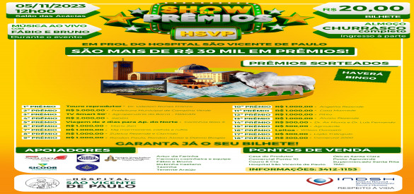 Vem aí o 2º Show de Prêmios em prol do Hospital São Vicente de Paulo